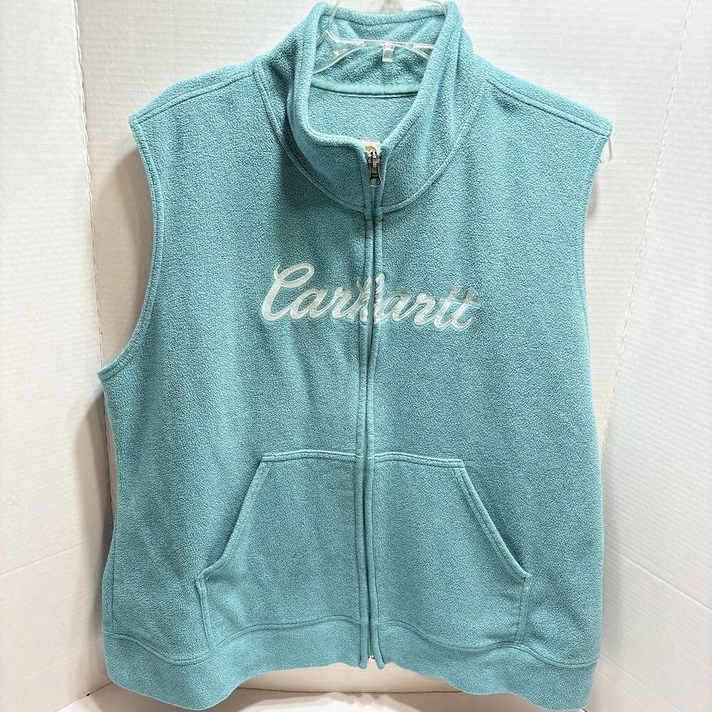 Carhartt Blue Fleece Vest Spell Out Full Zip Front Pockets Women’s Size 2XL